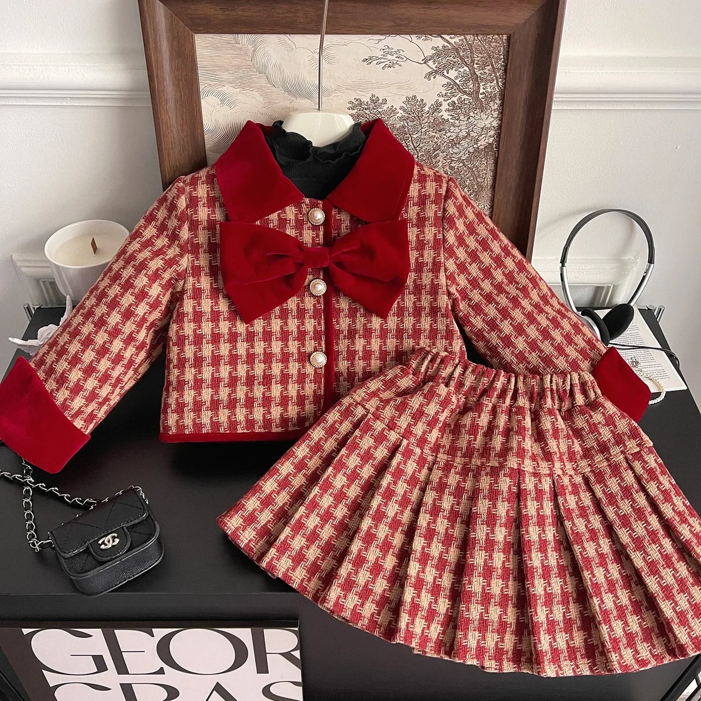 2025 Winter New Korean Edition Girls Red Grid Bow Set Baby Cotton Two Piece Set Toddler Girl Designable Gentle Clothes