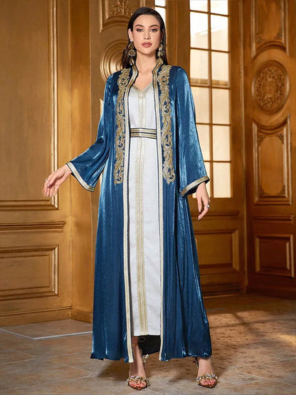 Middle East Autumn Winter Embroidery Abayas Muslim Women 2 Piece Dress Set Marocain Femme Caftan Kimono Jalabiya Kaftan Dubai