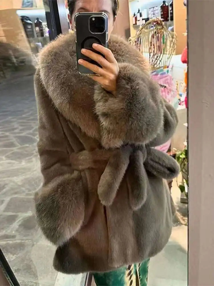 Vintage  Faux Fox Coat Women Luxury Fur Collar  Long Sleeve Oversize With Belt Female Warm Jacket Winter  Lady Plush Top