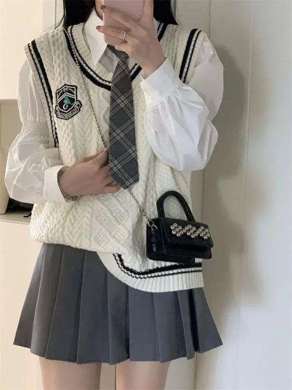 Japanese Cute School Uniform Women Korean Winter Knitting Sweater Skirt Sets V-neck Long Sleeve Jk Uniform School Girl Cosplay