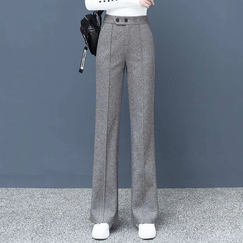 Big Size Thick Wool Blend Straight Pants Korean style Woolen Wide Leg Pants Womens Winter Casual New High Waist Loose Trousers