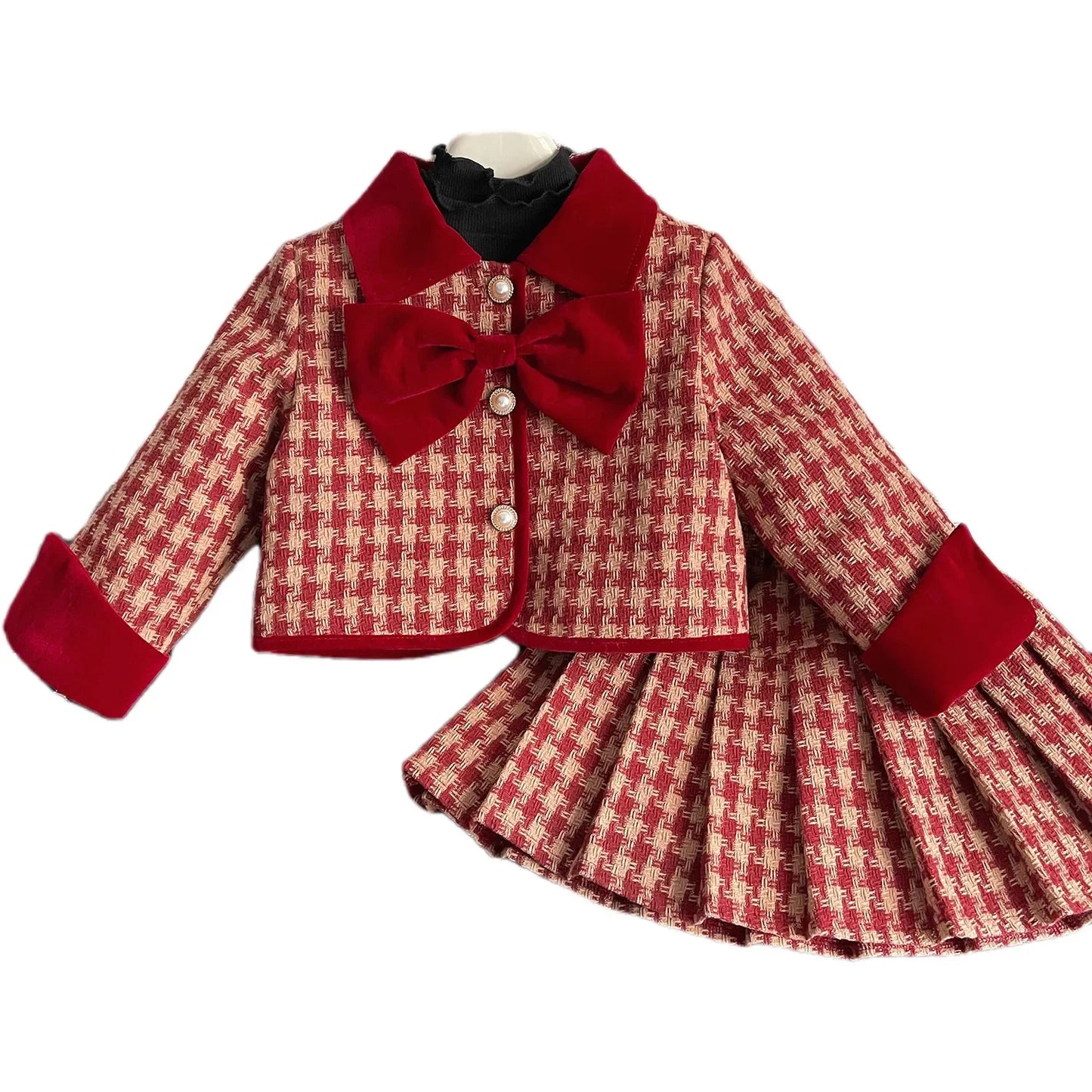 2025 Winter New Korean Edition Girls Red Grid Bow Set Baby Cotton Two Piece Set Toddler Girl Designable Gentle Clothes