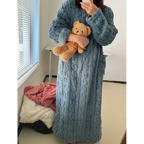 Women Winter Thicken Night Dress Soft Coral Velvet Long Sleeve Nightgowns Solid Color Comfort Nightdress Sleepwear Homewear