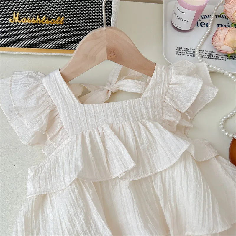 Kids Girl Summer Fly Sleeve Tops 2025 Korean Fashion Solid Color Square Collar Princess Shirts For 1-7Years