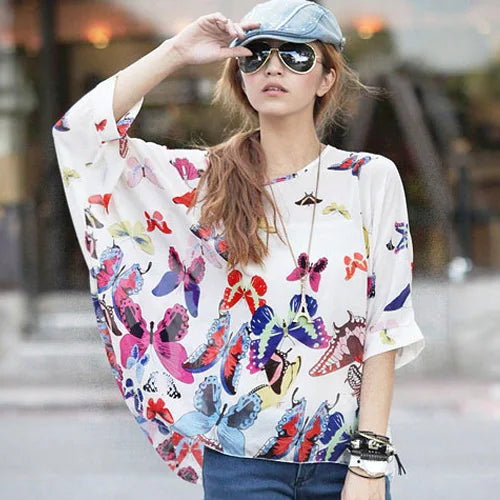 BHflutter 4XL 5XL 6XL Plus Size Blouse Shirt Women New Striped Print Summer Tops Tees Batwing Sleeve Casual Chiffon Blouses 2025