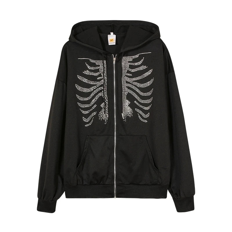 Rhinestone Skeleton Hoodies Women Gothic Black Zip Up Oversized Sweatshirts Female Retro Harajuku Hooded Jacket Streetwear