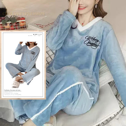 Autumn Winter Flannel Women Pajamas Sets Fashion Plaid Printed Teddy Sleepwear Velvet Homewear Kawaii Girsl Pijamas Mujer Pyjama