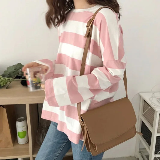 Autumn New Women's Striped Long Sleeve T-shirt Loose Fit Versatile Korean Style Top Students Trade Women's