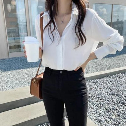 Autumn New Long Sleeve Women Shirts Fashion Turn Down Collor Chiffon Blouses Office Lady Elegant Loose Tops