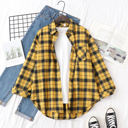 New Fashion Loose Womens Plaid Shirt Fresh College Style Design Blouses And Tops Long Sleeve Casual Female Checked Clothes