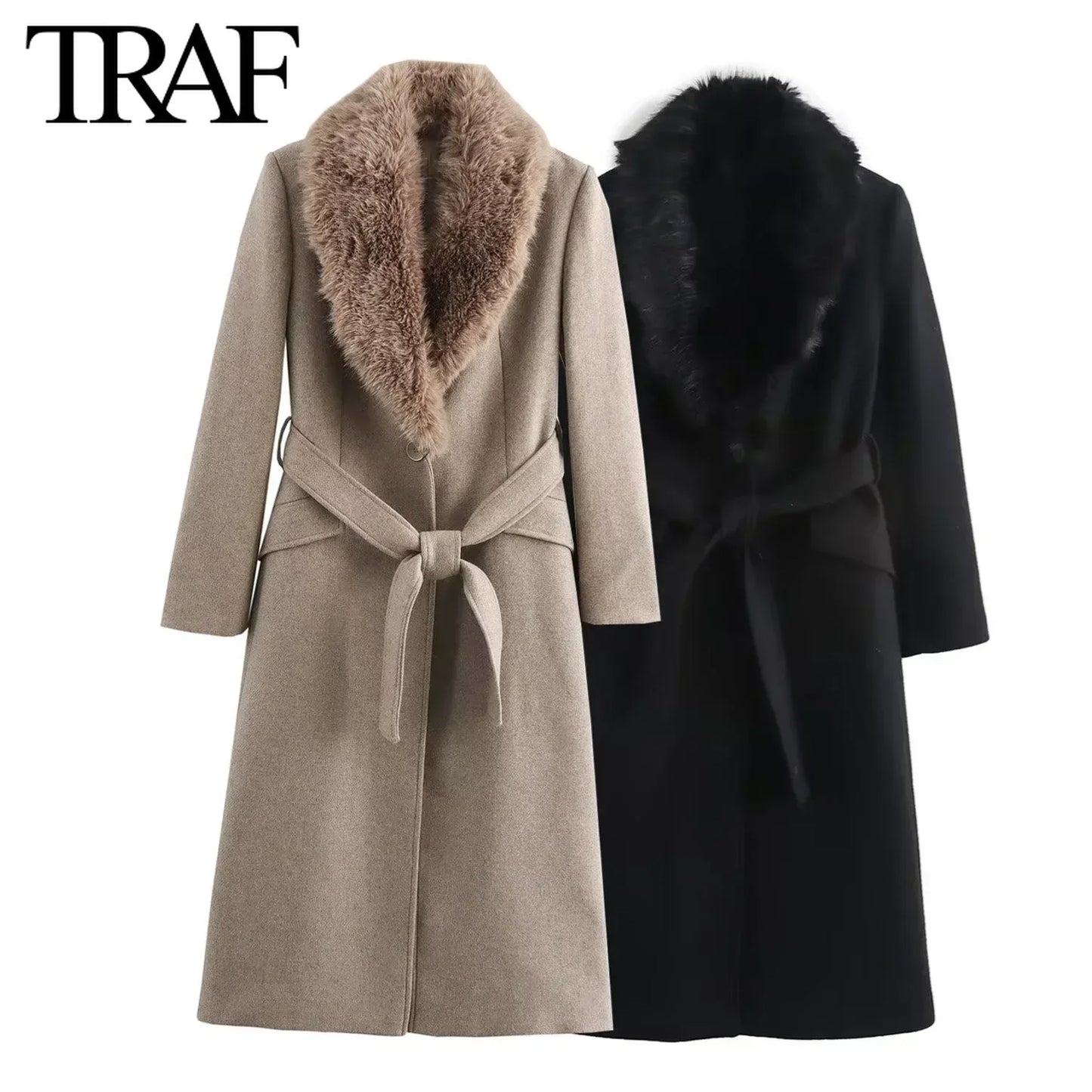 TRAF Wool Blend Elegant Long Coat Jackets Women Winter Removable Faux Fur Collar Belt  Warm French Chic Female Overcoat