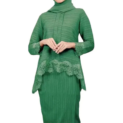 Muslim Abaya Set – Lace Pleated Top & Maxi Skirt