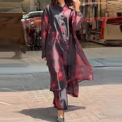 Fall Ladies Vintage Pattern Printed Commuter Suit New Casual Chiffon Loose Two Piece Set Fashion High Street Long Pants Outfit