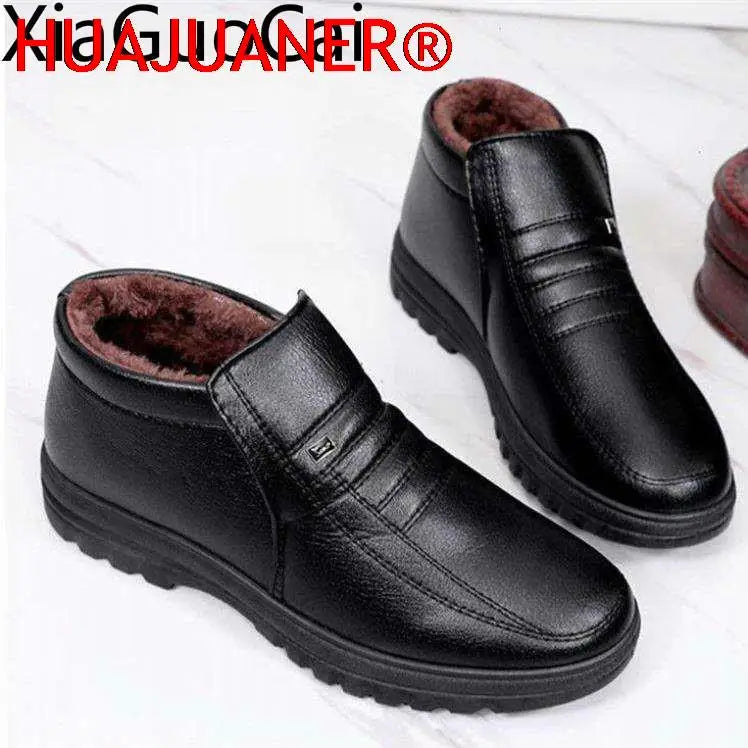 Winter Waterproof Men's Casual Leather Shoes Flannel High Top Slip-on Male Casual Shoes Rubber Warm Winter Shoes for Mens