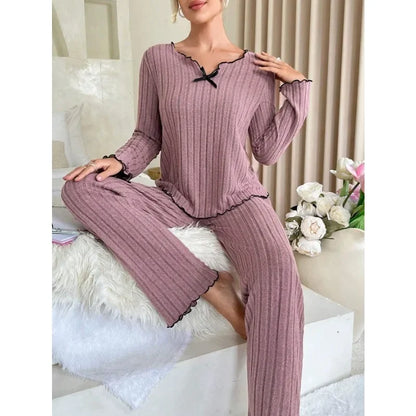 Women Autumn Winter Sleepwear Ribbed Pajamas Set Long Sleeve Top and Long Pants 2 Piece Set Casual Homewear Loungewear