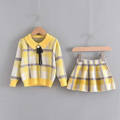 Bear Leader Winter Princess Outfits Girls Plaid Cute Clothing Sets Fashion Kids Baby Knitted Sweaters with Bow Ruffles Skirt