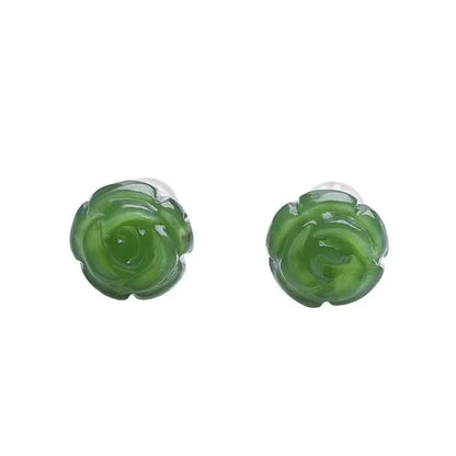 925 Silver Natural Green Jade Rose Earrings Bead Charm Jewellery Fashion Accessories Hand-Carved Man Woman Amulet Gifts