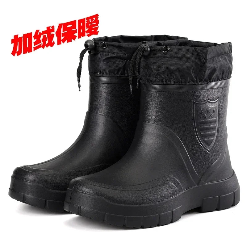 Winter Windproof Cotton Rain Boots Men Warm Light Ankle Rainboots Fashion Black Slip on Rain Shoes Men Waterproof Work Boot