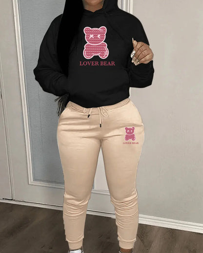 Lovely Bear Letter Print Kangaroo Pocket Tracksuit Set Long Sleeve Hoodie+Drawstring Trousers Women Two Pieces Matching Suits