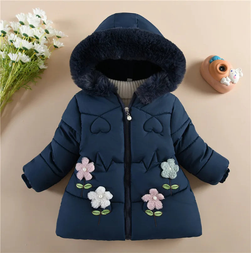 Children's winter clothing girls with wool thickened cute coat little girl foreign style wearing cotton-padded jacket