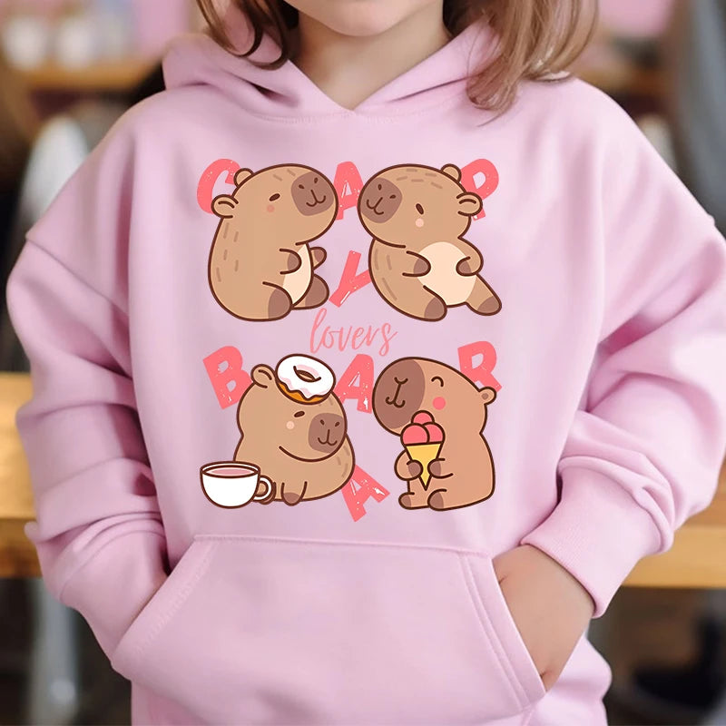 Cute Capybara Loves Bubble Tea kids hoodie pink plus velvet sweater autumn and winter tops for girls