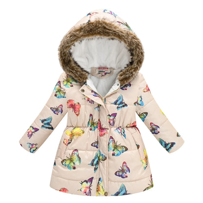 Autumn Winter Girls Jacket Keep Warm Fur Collar Fashion Prints Little Princess Coat Hooded Zipper Girls Outerwear Kids Clothes