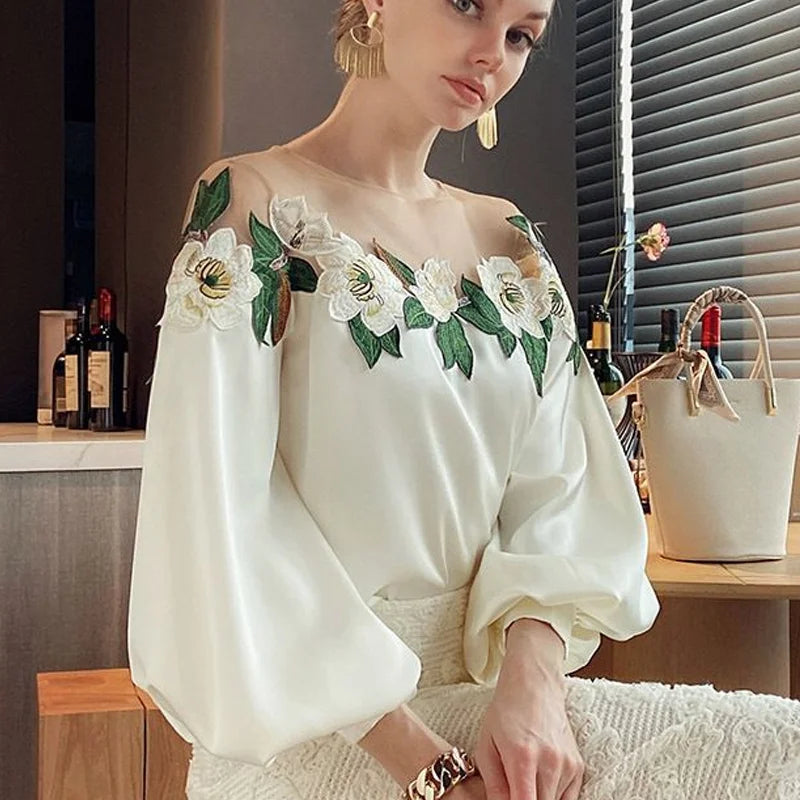 Elegant Mesh Patchwork Satin Blouse Elegant Embroidered Shirt O-neck Tops New Spring Long Lantern Sleeve