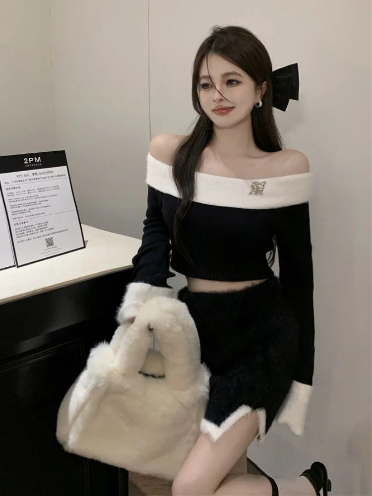 Winter Sexy Wool Vintage Two Piece Set Women Korean Fashion Warm Y2K Party Set Female Off Shoulder Slim Mini Skirt Suit