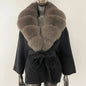 New Belt Pocket Winter Jacket Natural Real Raccoon Fox Fur Blends Wool Coat Women Loose Outerwear Casual Streetwear