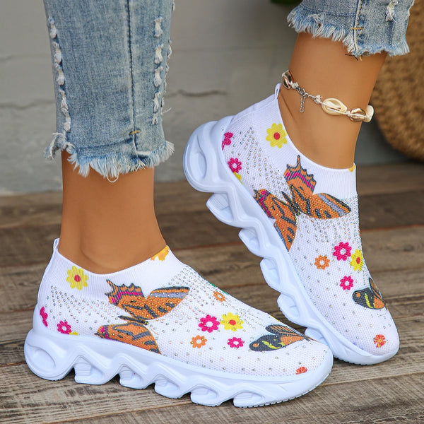 Fashion Crystal Butterfly Knitted Sneakers Shoes Woman Summer 2025 Breathable Mesh Slip On Platform Casual Flats Women Tennis