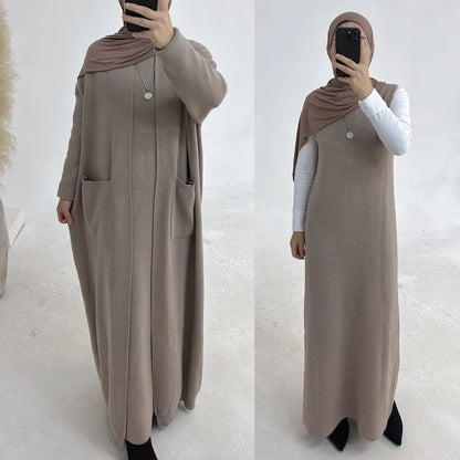 Winter Knitted Open Abaya 2 Piece Set Kimono + Sleeveless Dress Muslim Sets Warm Abayas for Women Dubai Luxury Islamic Outfits