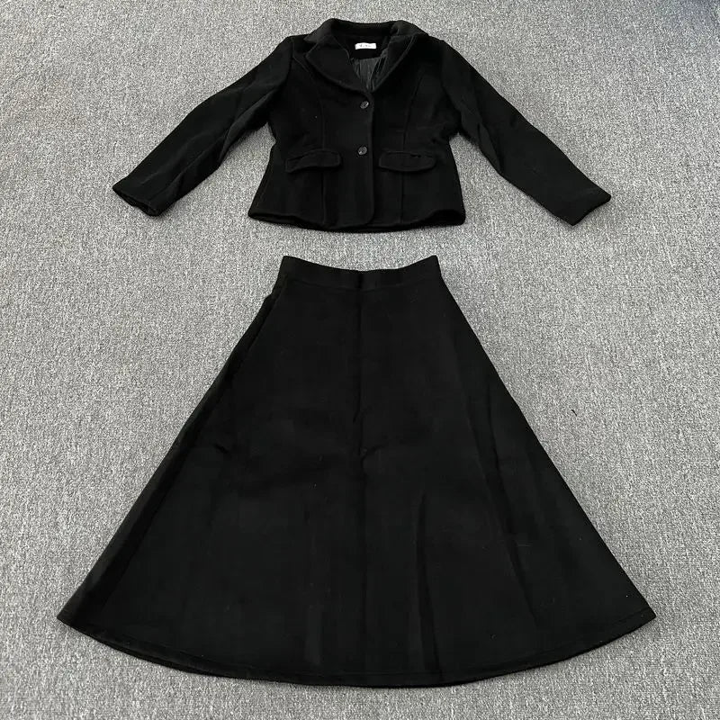 Autumn New Cashmere and Cotton Woolen Women's Suit Jacket Skirt Set Temperament Elegant Office Lady  Blazer Long  Two-piece Sets