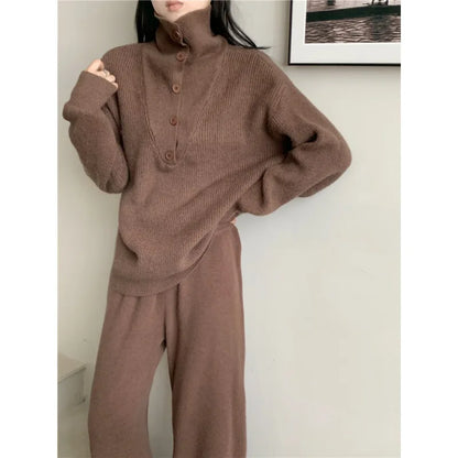 Women Elegant Cashmere Pants Suit for Autumn Winter New Fashion Lapel Sweater Suit Knitwear Casual Pants Female Two-piece Sets