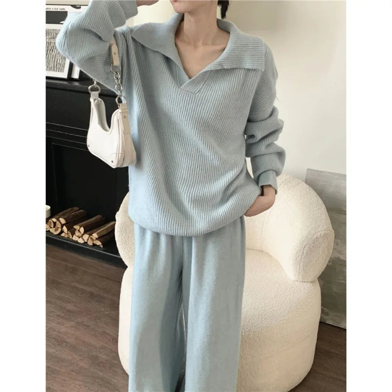 Autumn Cashmere Warm Soft Pants Suit Winter New Fashion Lapel V Neck Sweater Knitwear Casual Pants Women Two-piece Sets Elegant