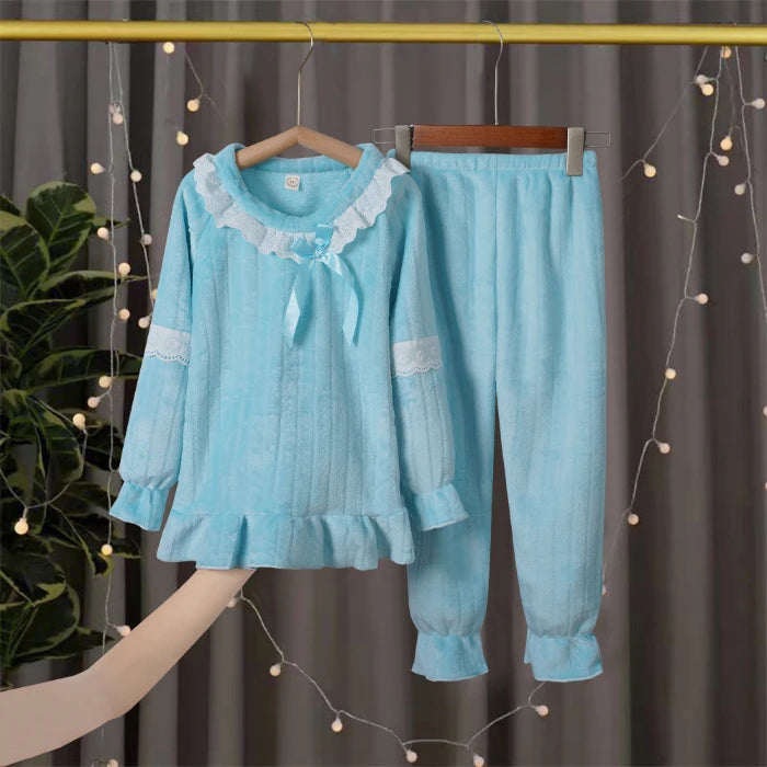 Hot Selling Children Fleece Pajamas Warm Flannel Sleepwear Girls Loungewear Coral Fleece Kids Pijamas Homewear Winter Pyjama Set