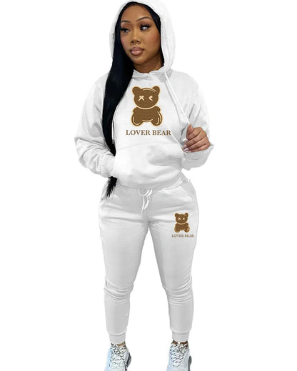 Lovely Bear Letter Print Kangaroo Pocket Tracksuit Set Long Sleeve Hoodie+Drawstring Trousers Women Two Pieces Matching Suits