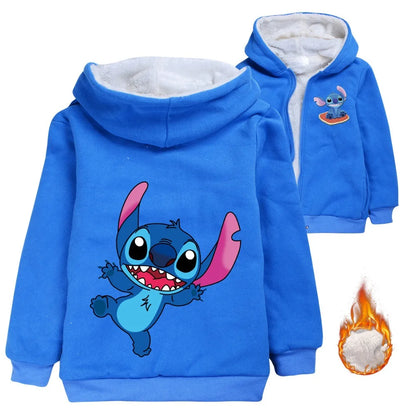 Kid Baby Boy Girl Coat Autumn Winter Long Sleeve Plush Hoodies Cartoon Stitch Print Children Sweatshirt Clothes Thick Top Outfit