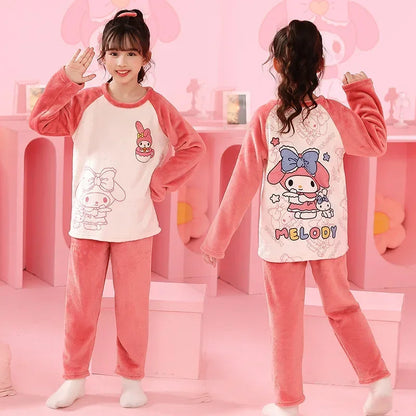 2025 Miniso Children Pajamas Sets Kawaii Anime Flannel Winter Kids Sleepwear Cute Autumn Pijamas Homewear Girl Warm Loungewear