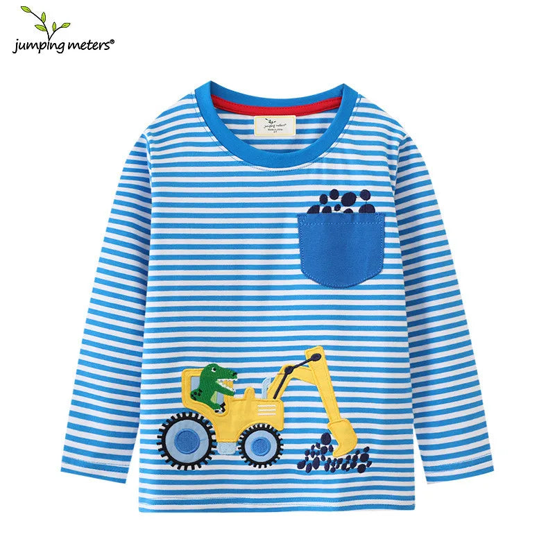 Jumping Meters 2-7T Striped Kids Blouse Cartoon Boys Tshirts Autumn Winter Children's Clothes Long Sleeve Kids Tops