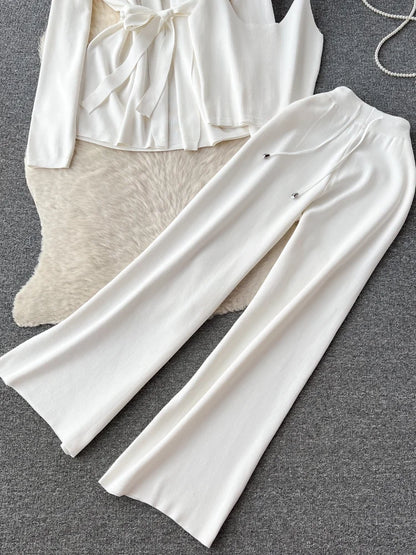 Autumn Knitted 3 Piece Set Women Loose Belt Cardigan+Tank Tops+Wide Legs Long Pants Female Korea Fashion Solid Sweater Suits New