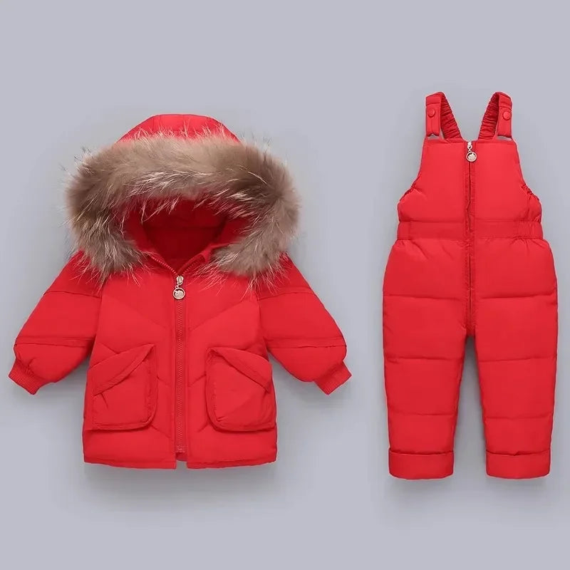 -30 Degree Down Jacket Jumpsuit Winter Overall for Children Clothes Set Baby Boy Parka Real Fur Girl Toddler Thick Warm Snowsuit