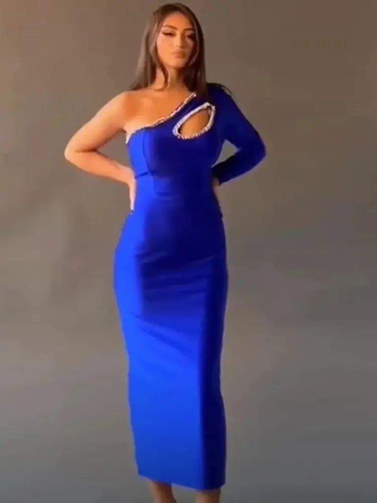 1&Only Women's One Shoulder Long Bandage Dresses, Hollow Out, Backless, Elegant, Solid Blue, Luxury Diamond, Celebrity, Evening Party