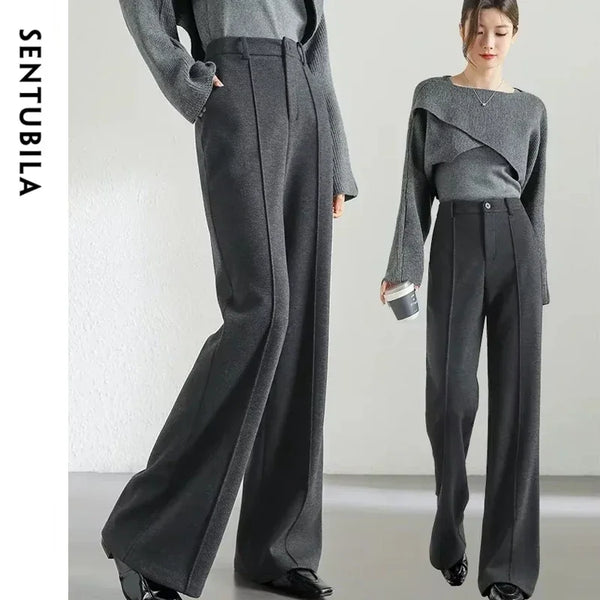 SENTUBILA Wool Blend Flare Pants Women Winter Thick Warm Trousers High Waist Office Lady Fashion