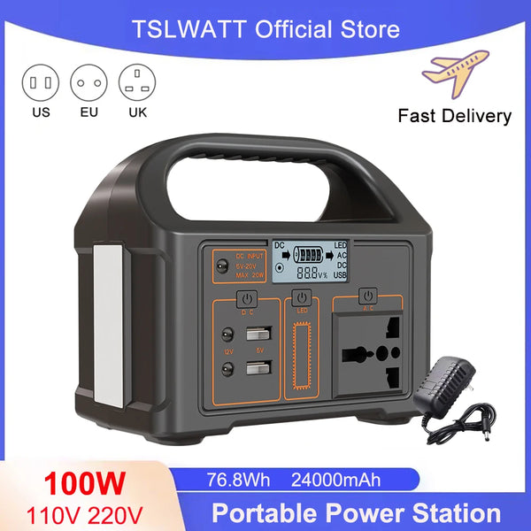 100W 24000mAh Portable Power Station 220V/110V Power Bank 76.8Wh Solar Power Generator LiFePO4 Outdoor Energy For Camping Travel