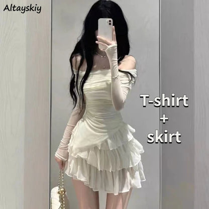 Skirts Sets Women Summer Slim Tiered Ball Gown High Waist Sweet Faldas Thin Gentle Irregular Sunscreen Long-sleeve T-shirts OOTD