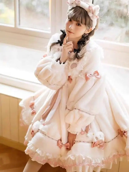 Little Milk Meow Cat Lolita Dress Plush Op Autumn Winter Long Sleeve Thickened New Year Clothes Birthday Party Cute Girl Bag