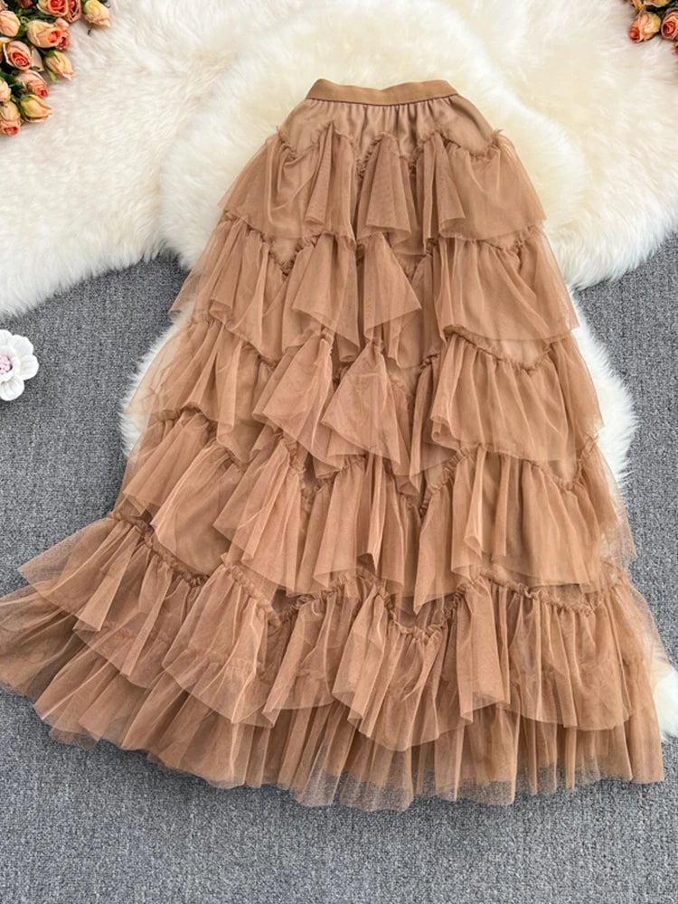 Tutu Tulle Long Skirts Womens Spring Korean Solid A Line High Waist Mesh Tiered Maxi Skirt Female Faldas Aesthetic