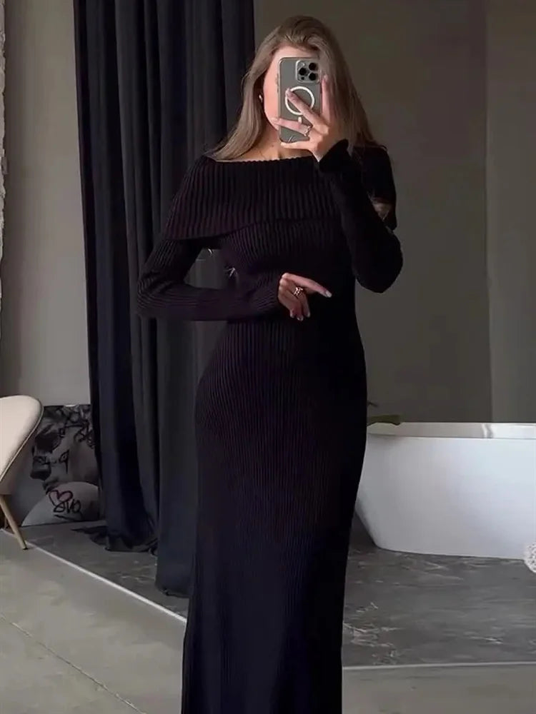 Tossy Fashion Knit Long Dress Off-Shoulder Female Ribbed Loose High Waist Elegant Autumn Party Dress Ladies Knitwear Maxi Dress