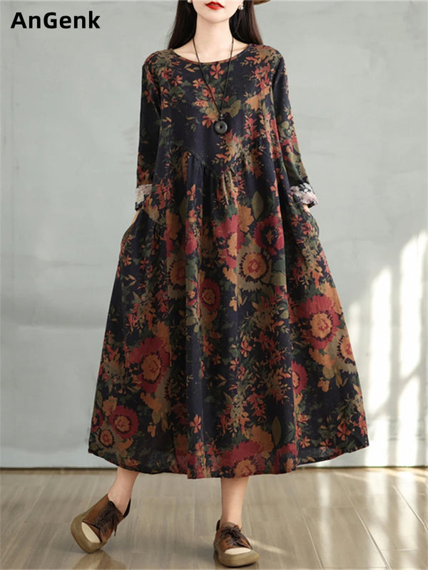 Cotton Vintage Print Floral Dresses 2024 Women Casual Loose Long Sleeve Dress Femme Robe Vestidos Elegant Spring Autumn Clothing