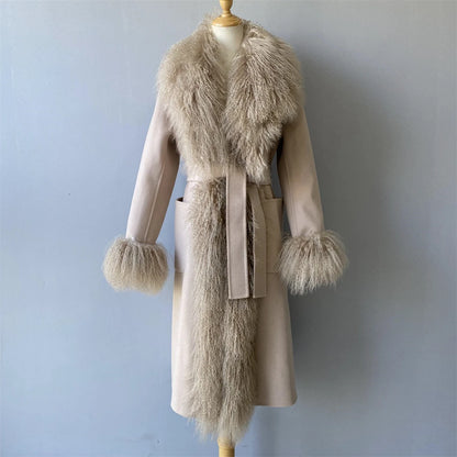 Women Mongolian Sheep Fur Coat Long Style Cashmere Jacket With Real Fur Trim Lady Autumn Winter Fashion Warm Outerwear